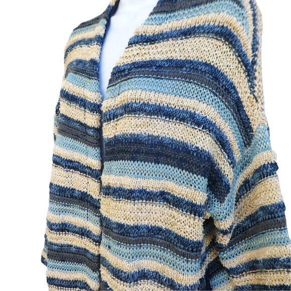 Lovestitch Long Cardigan Open Front OOAK Striped Blue Gold Metallic Drop Sleeve - Picture 1 of 12